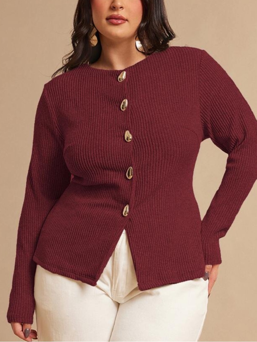 Burgundy Ribbed Button-Front Sweater - Picture 2 of 8